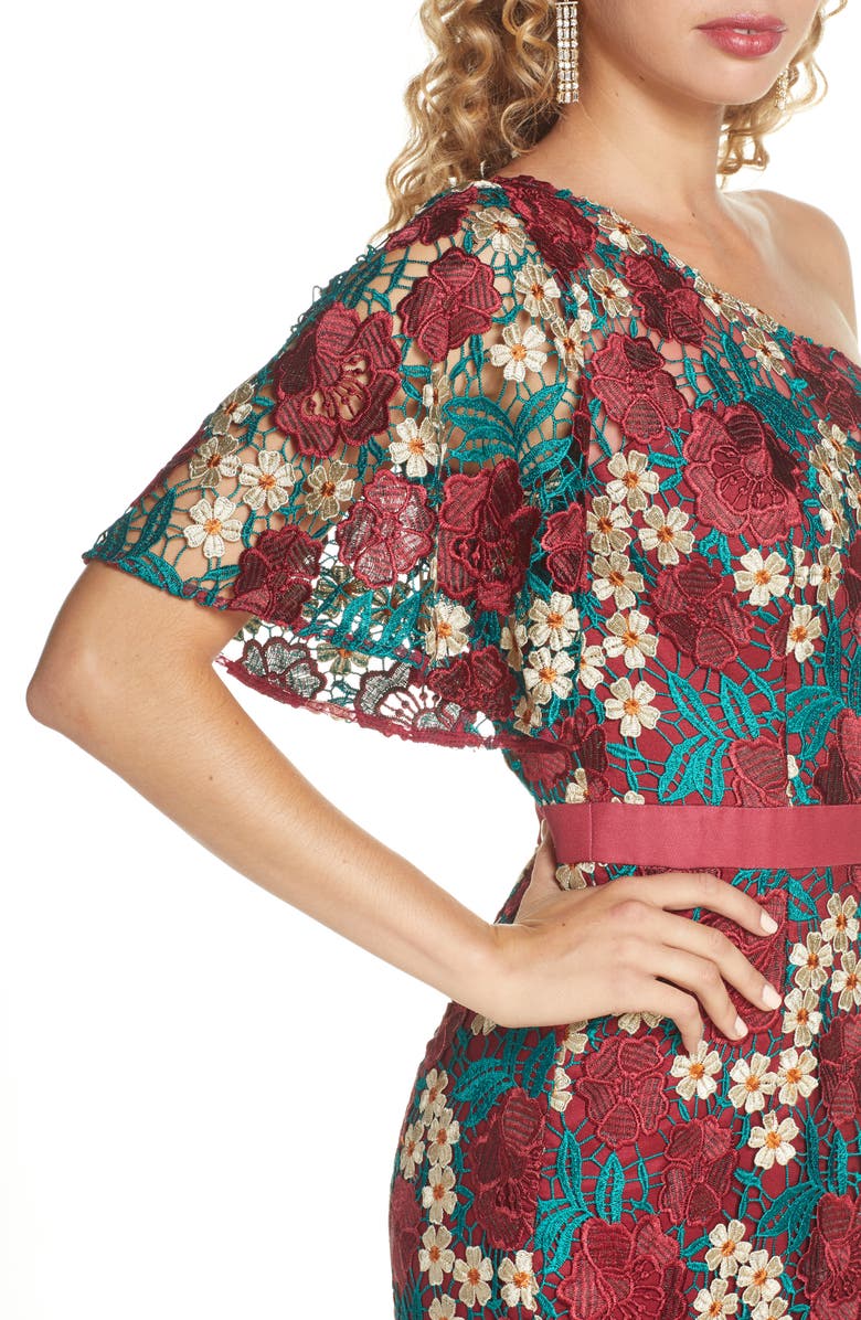 Chi Chi London Jennifer One-Shoulder Crochet Lace Evening Gown, Alternate, color,