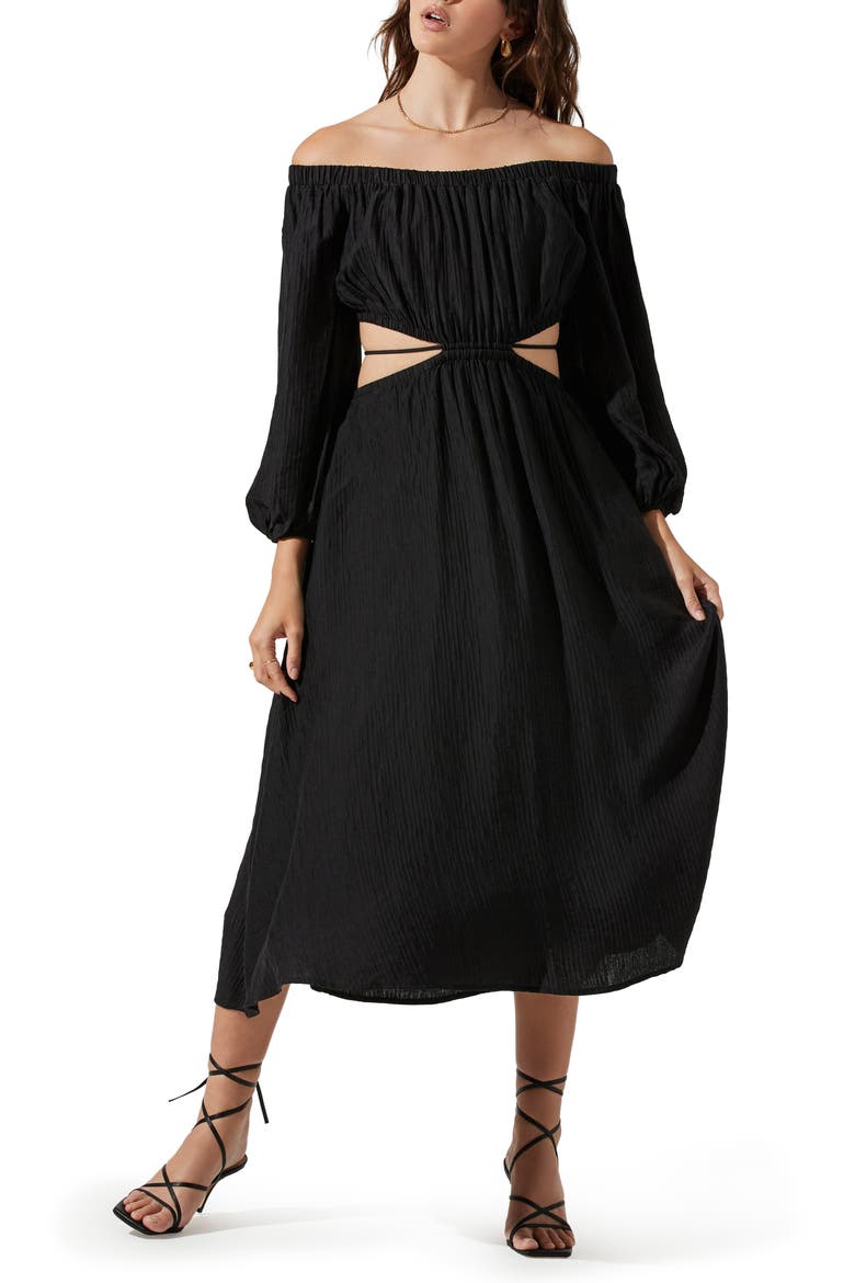 Cassian Off the Shoulder Long Sleeve Midi Dress, Main, color, BLACK