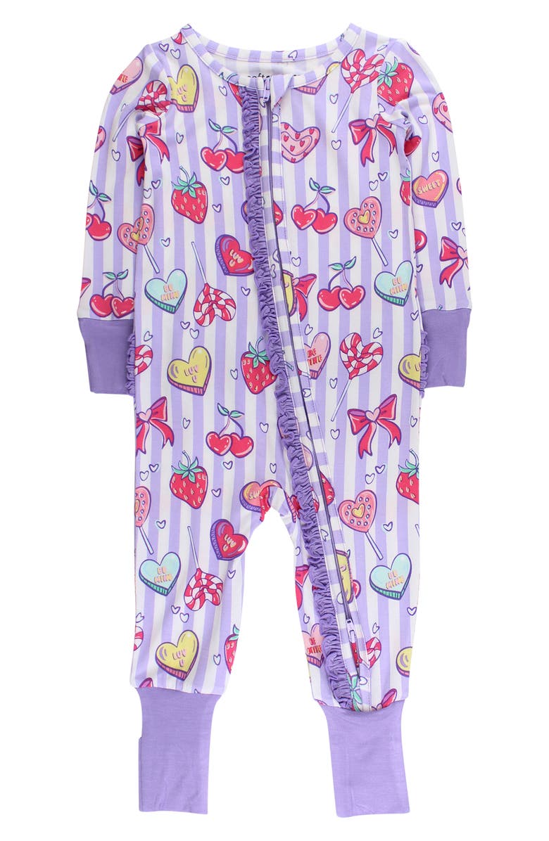 RuffleButts Lolly Hearts Zip One-Piece Pajamas, Main, color, Purple