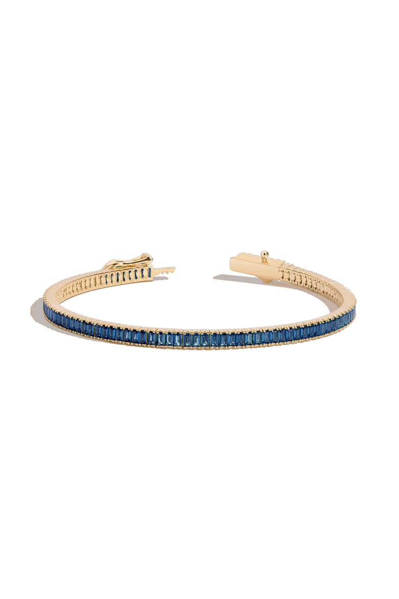 Lab Grown Blue Sapphire Baguette Tennis Bracelet, Main, color, Yellow Gold Vermeil