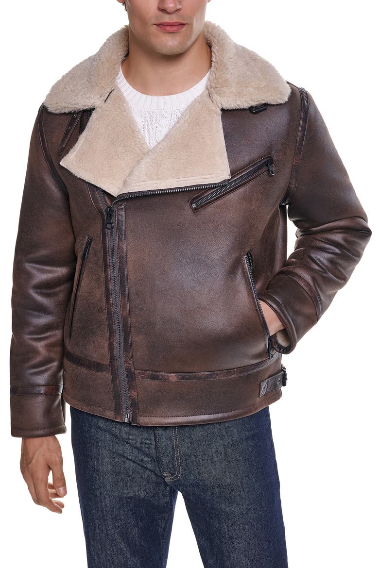 Asymmetrical Faux Leather Moto Jacket with Faux Shearling Lining, Main, color, BROWN