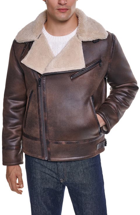 Asymmetrical Faux Leather Moto Jacket with Faux Shearling Lining