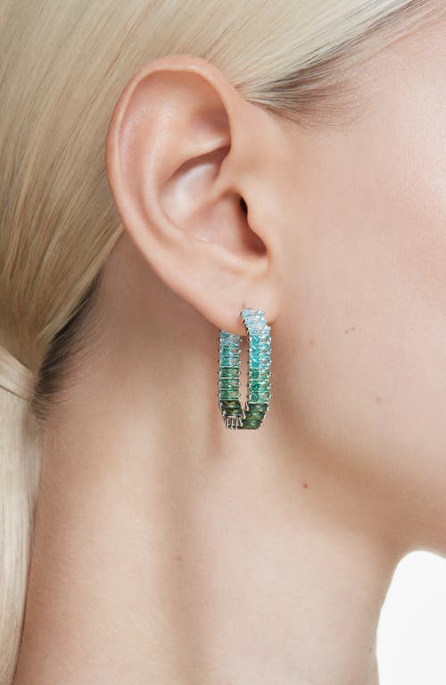 Swarovski Matrix Rhodium Plated Baguette Cut Hoop Earrings In Green