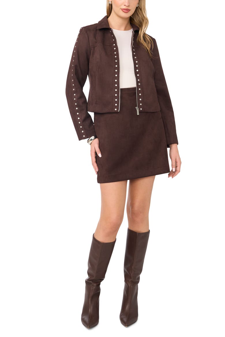 Studded Faux Suede Trucker Jacket, Alternate, color, DARK ROAST