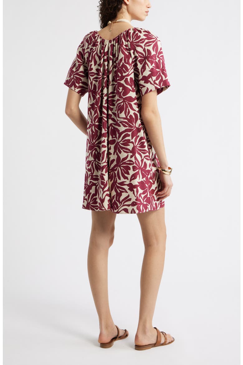 Shirred Linen Blend Minidress, Alternate, color, BEIGE- BURGUNDY FIRA BLOOM