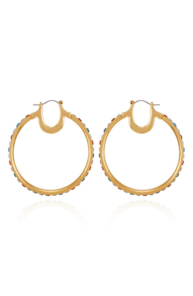 True Religion Crystal Hoop Earrings, Alternate, color, Gold Tone
