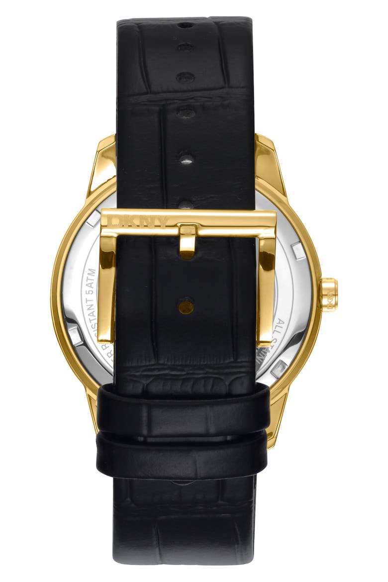Crystal Bezel Leather Strap Watch, Alternate, color, BLACK