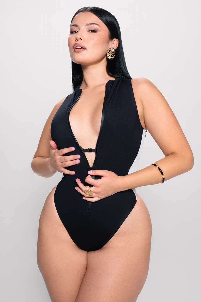 Mega Sculpting Adjustable Zip Front Cheeky Cut One Piece Swimsuit, Alternate, color, Contour Black/White