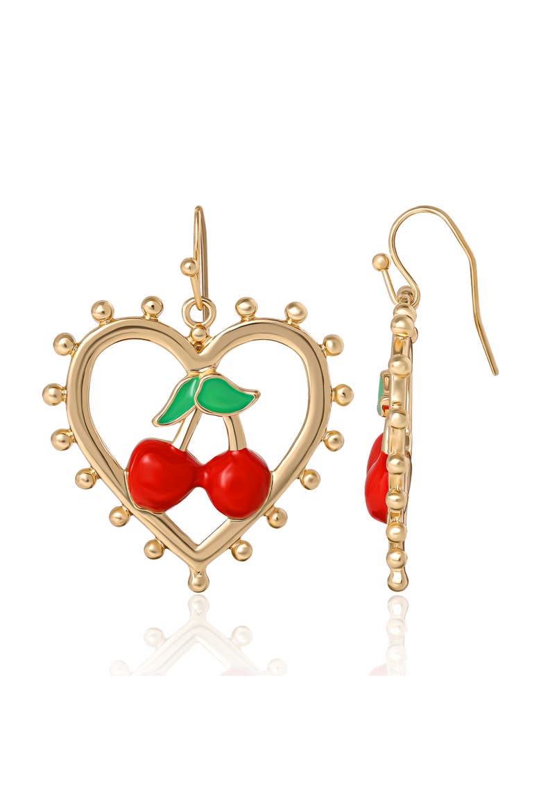 Cherry Heart Drop Earrings, Alternate, color, Gold tone, red