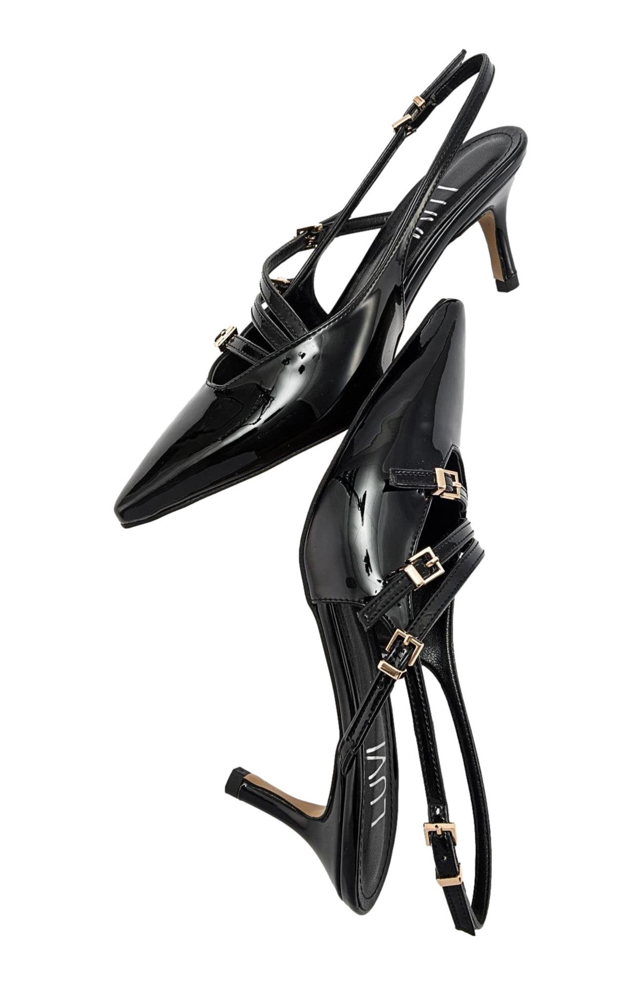 Prologue Shoes Magra Pointed-Toe Slingback Stiletto, Alternate, color, Black Patent Faux Leather