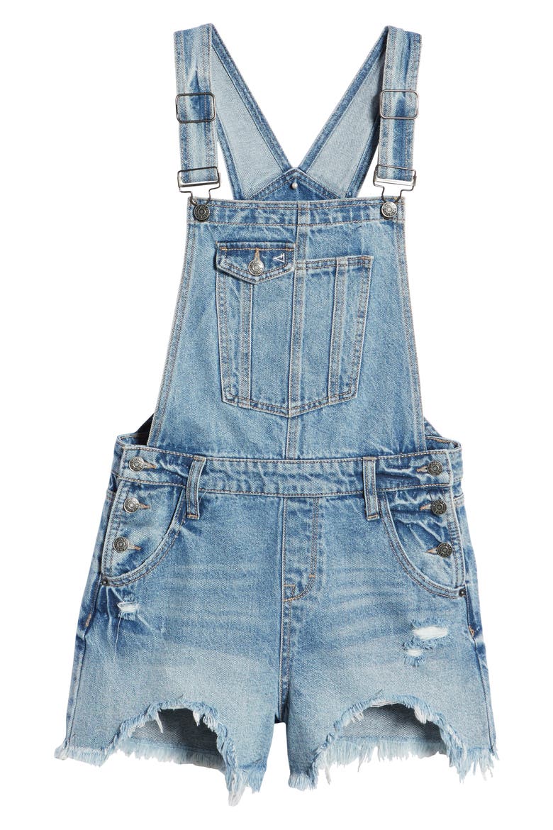 Frayed Hem Short Overalls, Alternate, color, MEDIUM WASH