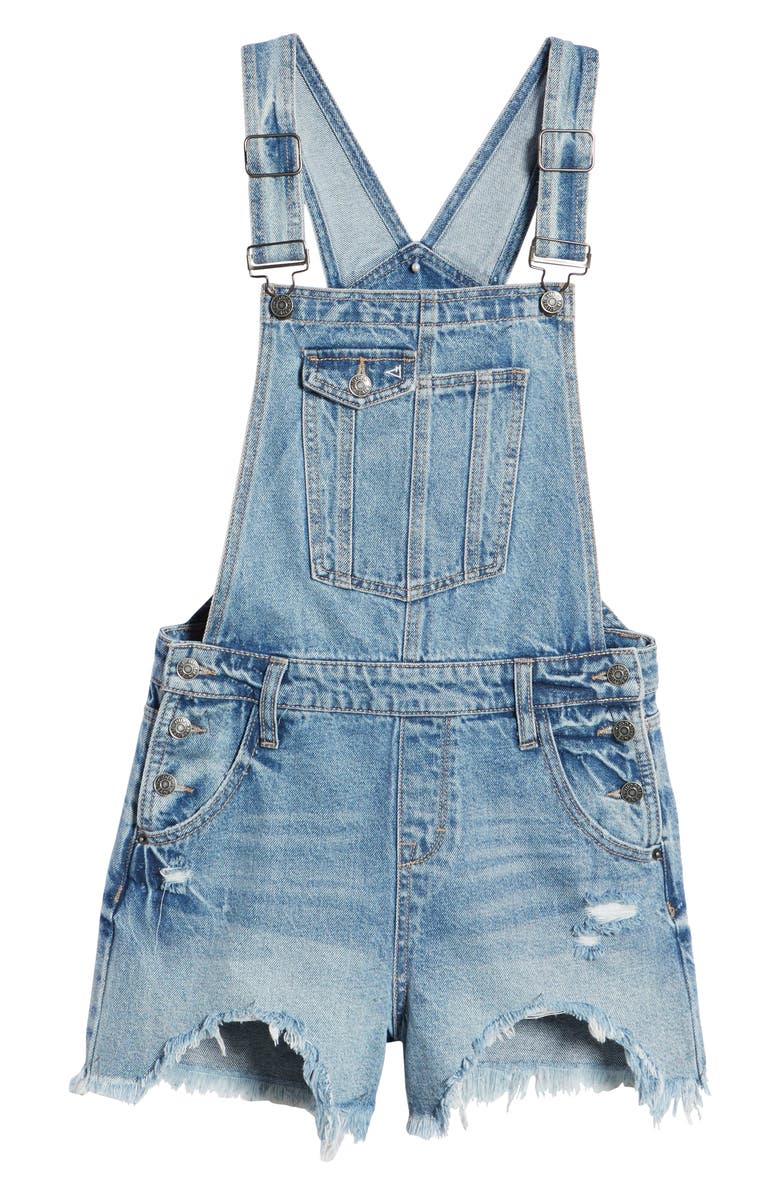 HIDDEN JEANS Frayed Hem Short Overalls, Alternate, color, Medium Wash
