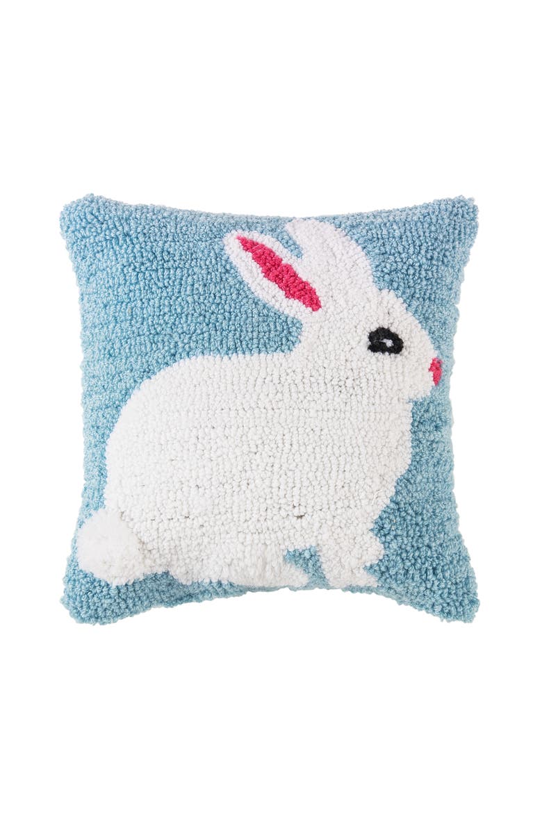 Easter Bunny Hooked Blue Mini Accent Pillow 12" x 12", Main, color, White
