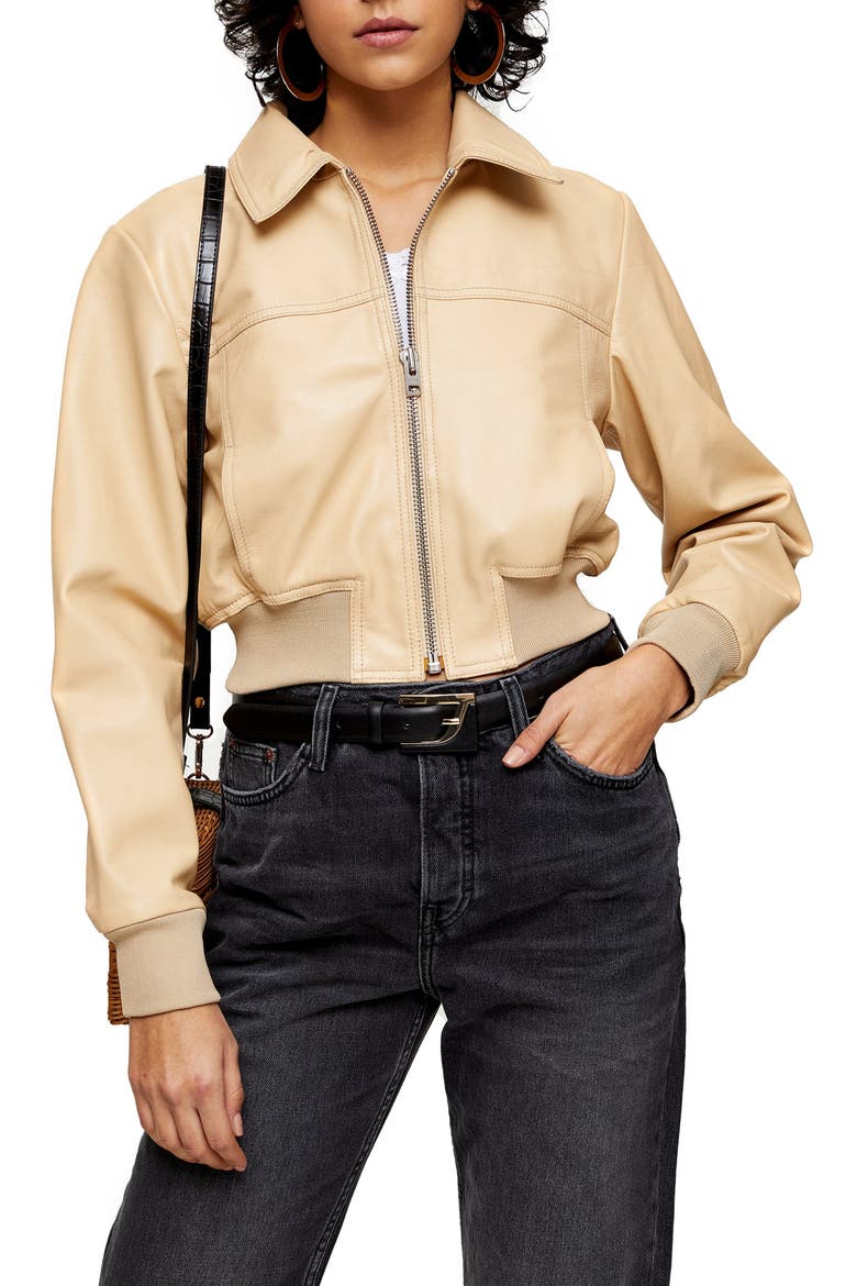 Leather Bomber Jacket, Main, color, BUTTERMILK