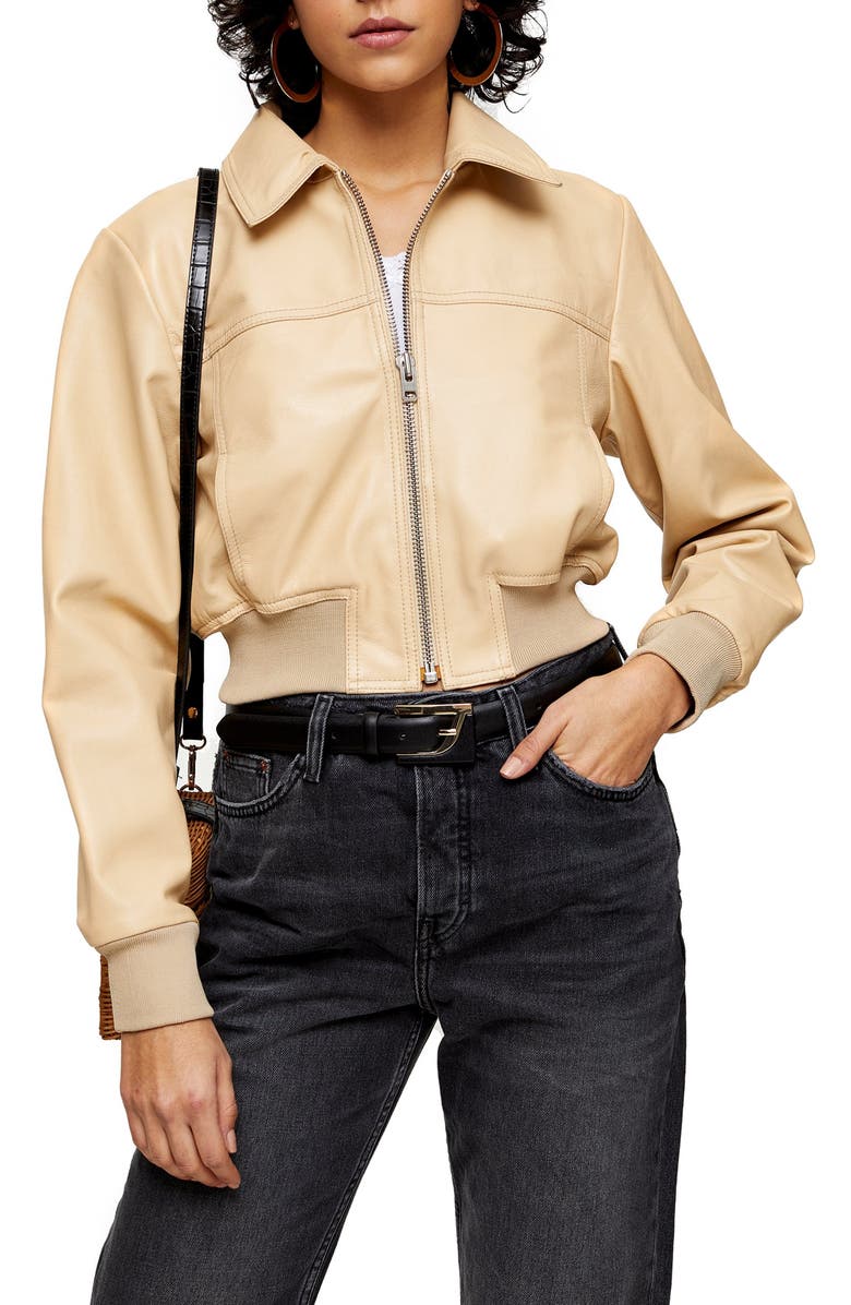 Topshop Leather Bomber Jacket, Main, color,
