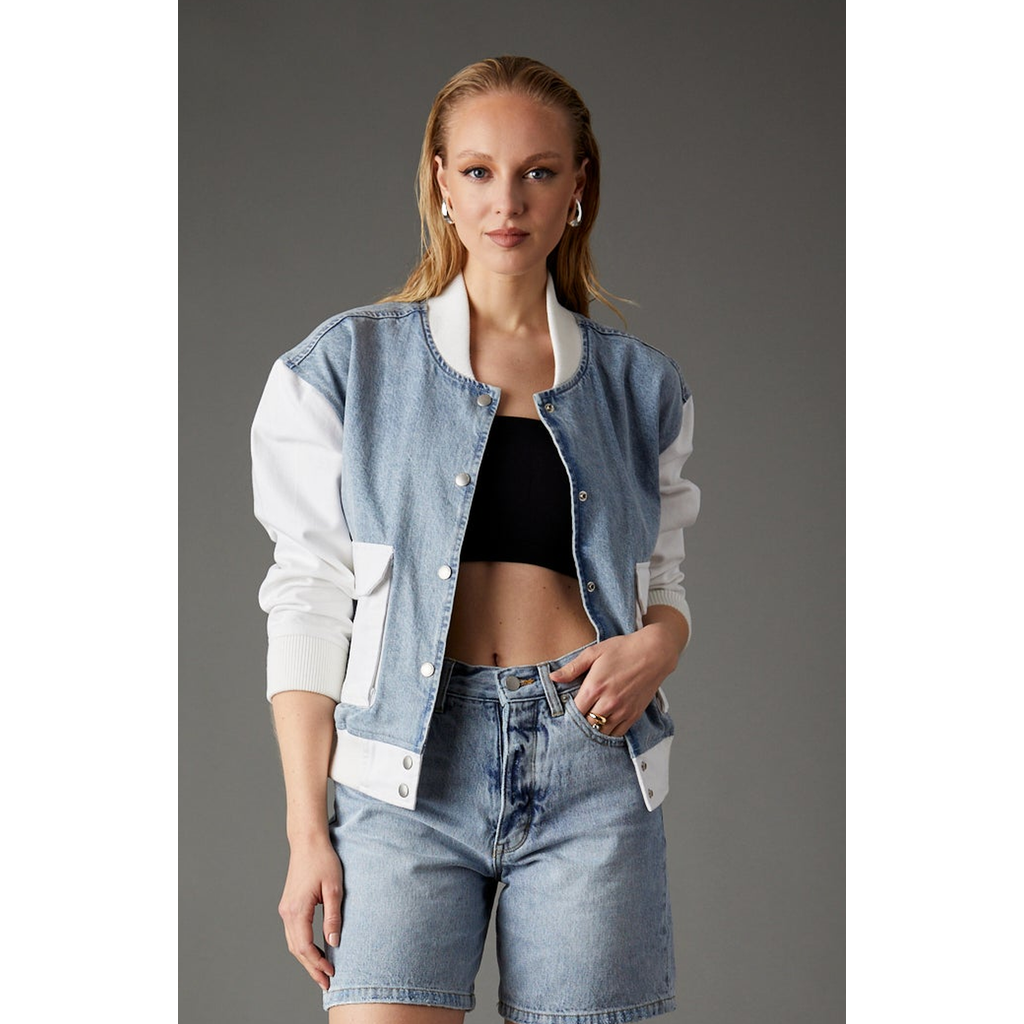 Blue Revival Admiral Mixed Media Bomber In Light Stone