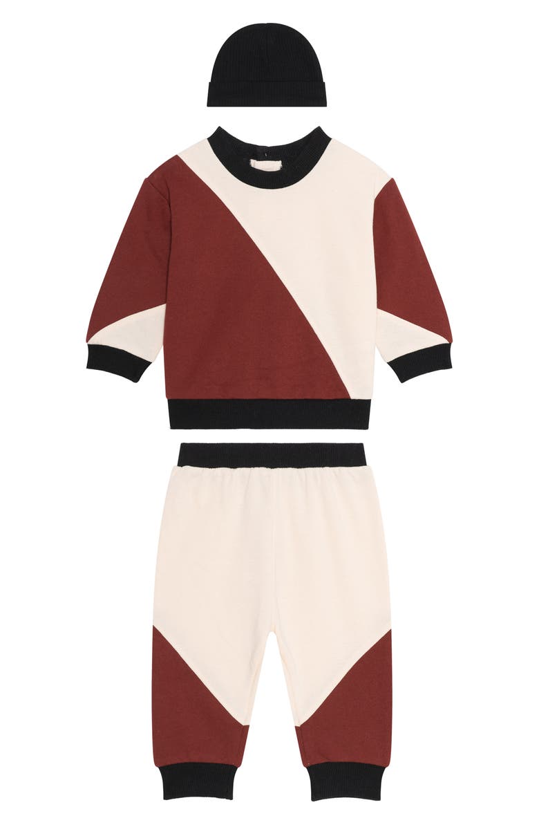 PL Baby by Petit Lem Colorblock Top, Joggers & Beanie Set, Main, color, Burgundy