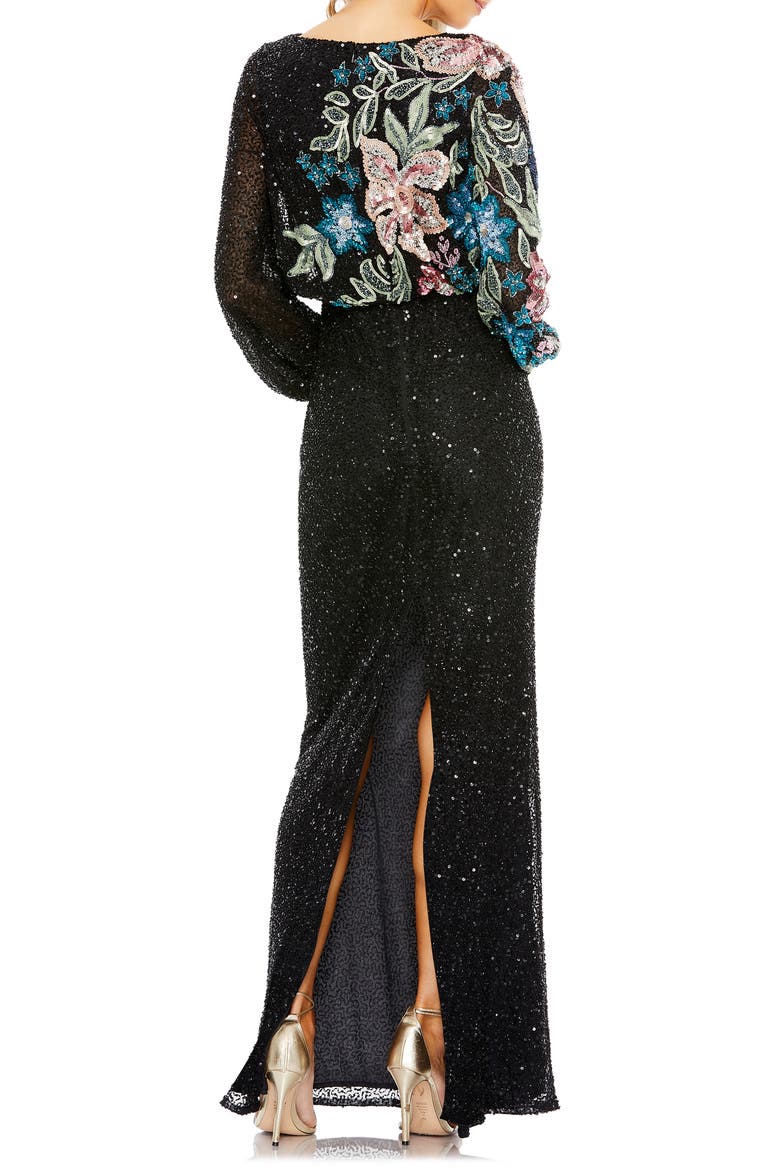 Women's High Neck Blouson Sleeve Sequin Gown, Alternate, color, BLACK MULTI