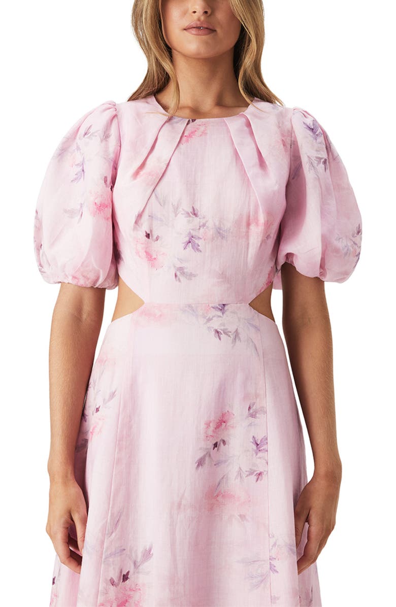 Bardot Malina Floral Cutout Puff Sleeve Midi Dress, Alternate, color, 