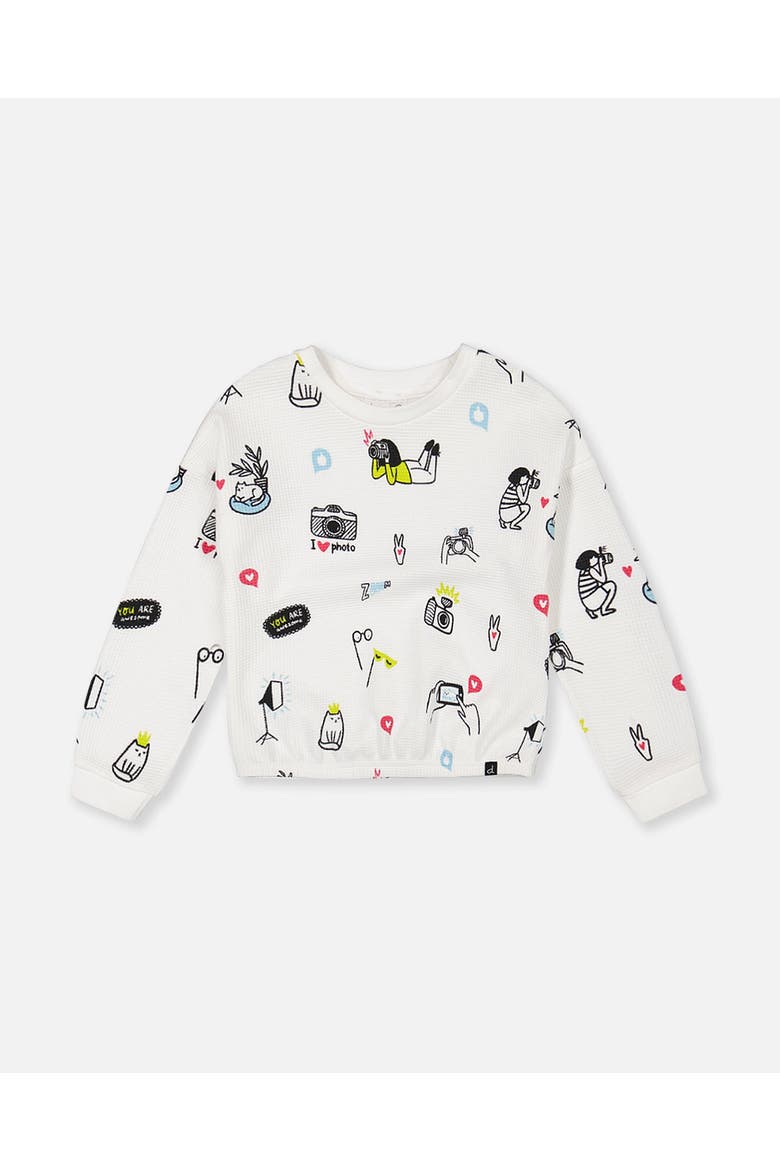 Little Girl's Elastic Waist Waffle Top Off White Camera Print, Main, color, Off White Camera Print