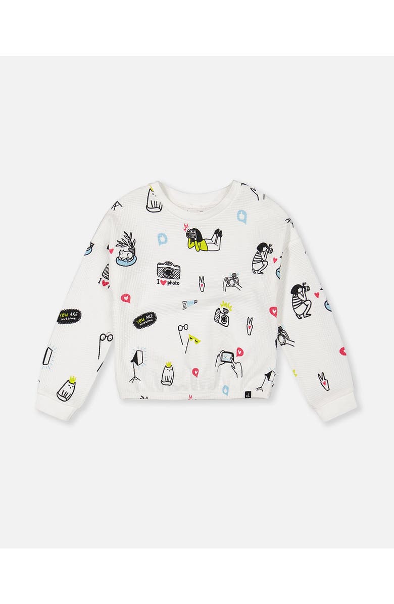 Deux par Deux Little Girl's Elastic Waist Waffle Top Off White Camera Print, Main, color, 