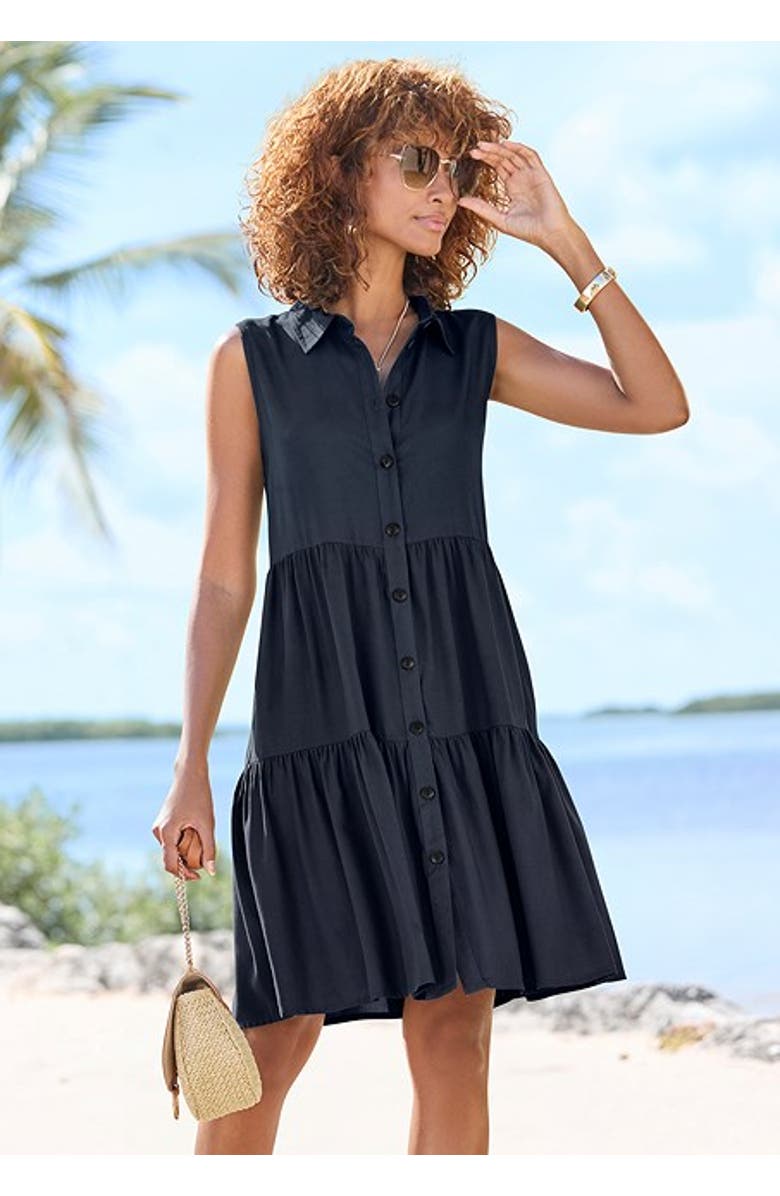 LASCANA Women's Tiered Shirt Dress, Alternate, color, Navy