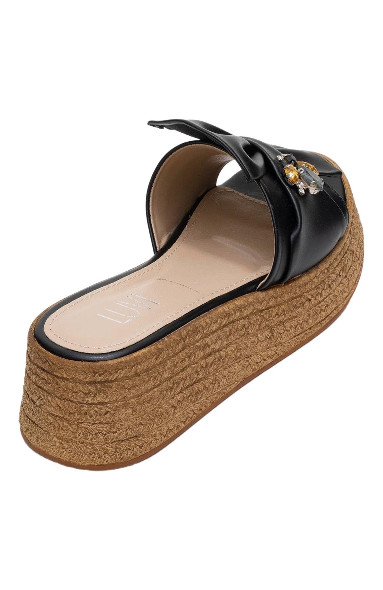 Prologue Shoes Shara Braided Bow & Bee Buckle Platform Sandal, Alternate, color, Black Faux Leather