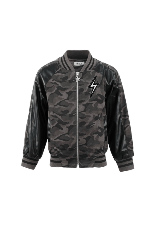 Lola + The Boys Camo Flash Leather Bomber In Black