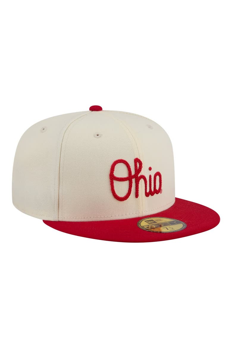 Men's New Era  Cream/Scarlet Ohio State Buckeyes Two-Tone Script 59FIFTY Fitted Hat, Alternate, color, Cream