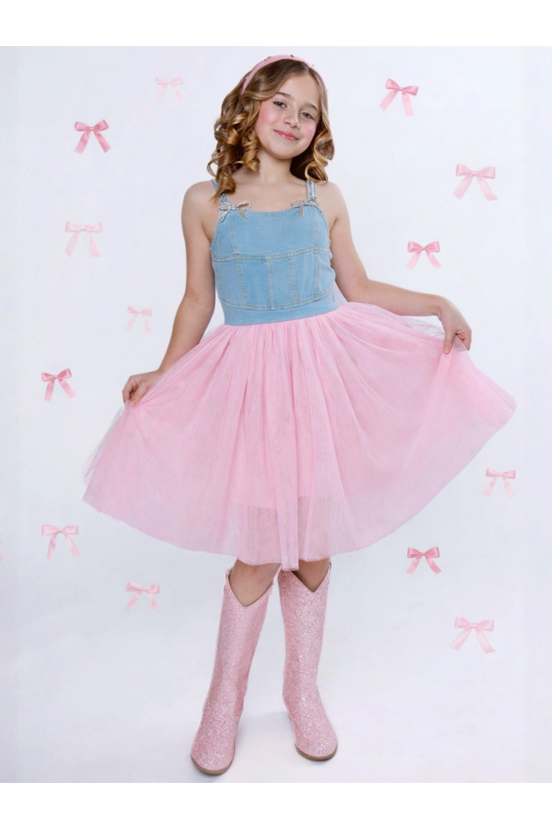 Sparkle Denim Bow Tulle Dress, Alternate, color, Pink