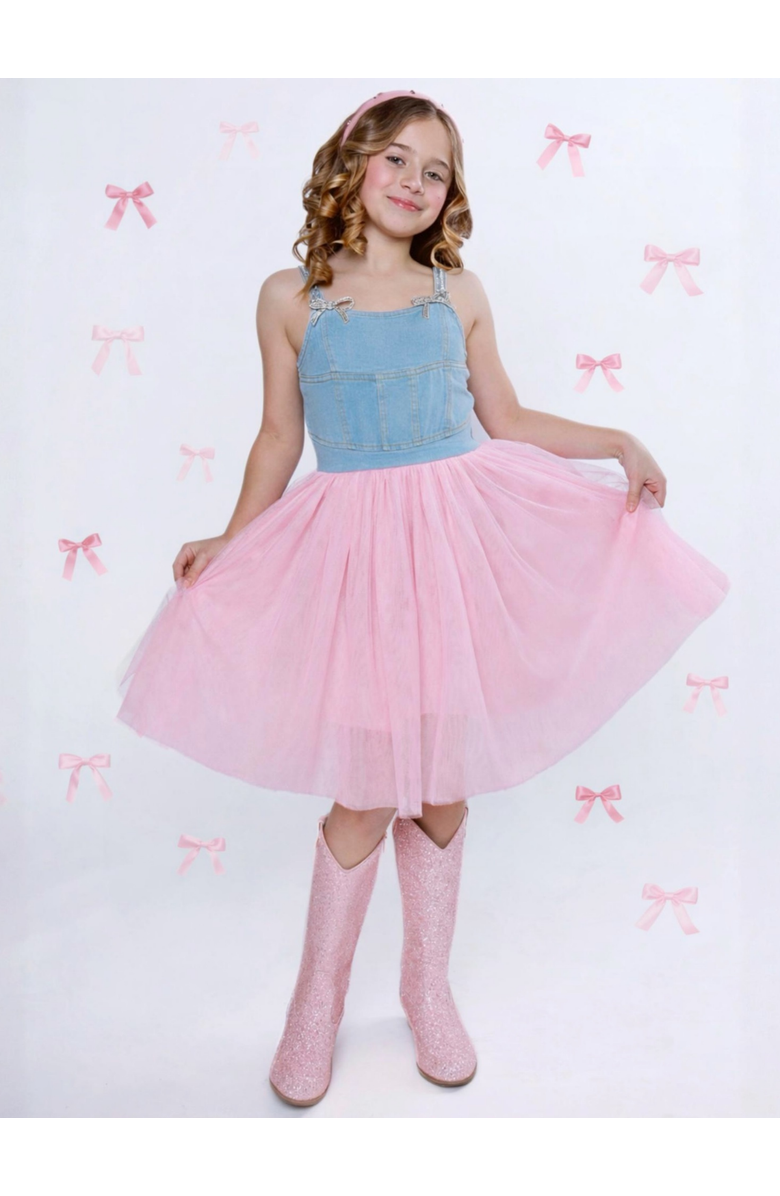 Mia Belle Girls Sparkle Denim Bow Tulle Dress, Alternate, color, Pink