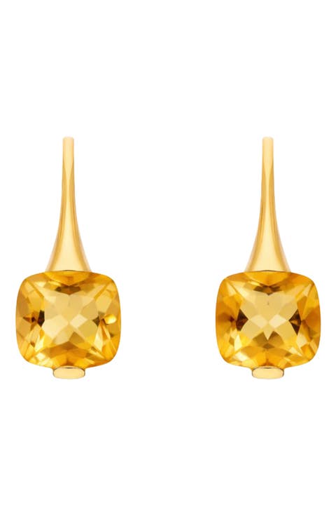 14K Yellow Gold Cushion Cut Citrine Drop Earrings