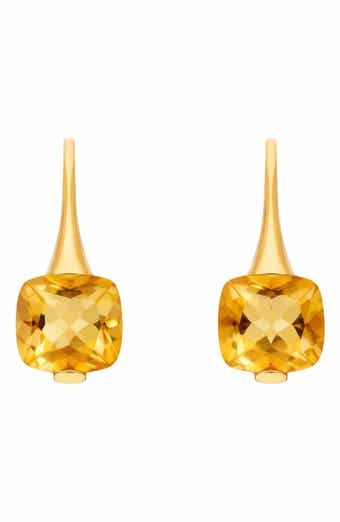 House of Frosted 14K Yellow Gold Cushion Cut Citrine Drop Earrings