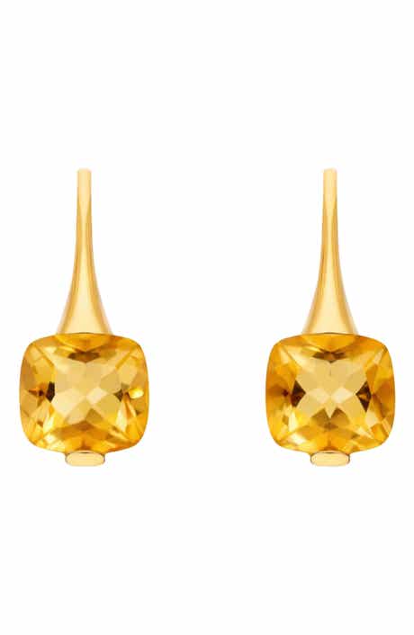 House of Frosted 14K Yellow Gold Cushion Cut Citrine Drop Earrings
