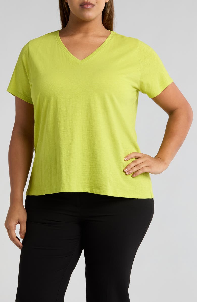 Eileen Fisher Easy V-Neck Organic Cotton T-Shirt, Main, color, Chartreuse