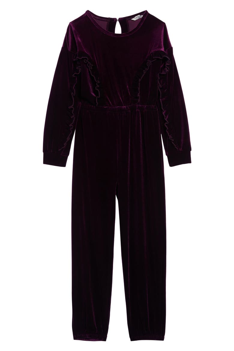 Carina Velvet Ruffle Jumpsuit, Main, color, PURPLE