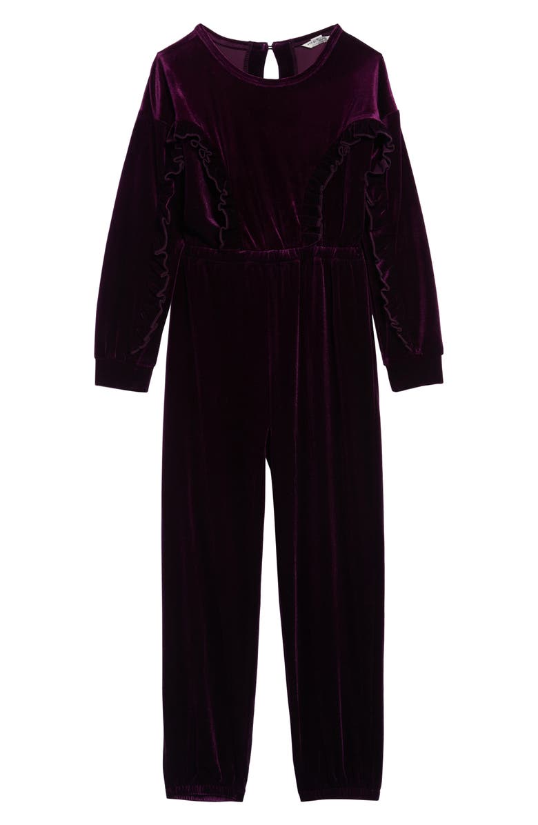 Habitual Carina Velvet Ruffle Jumpsuit, Main, color,
