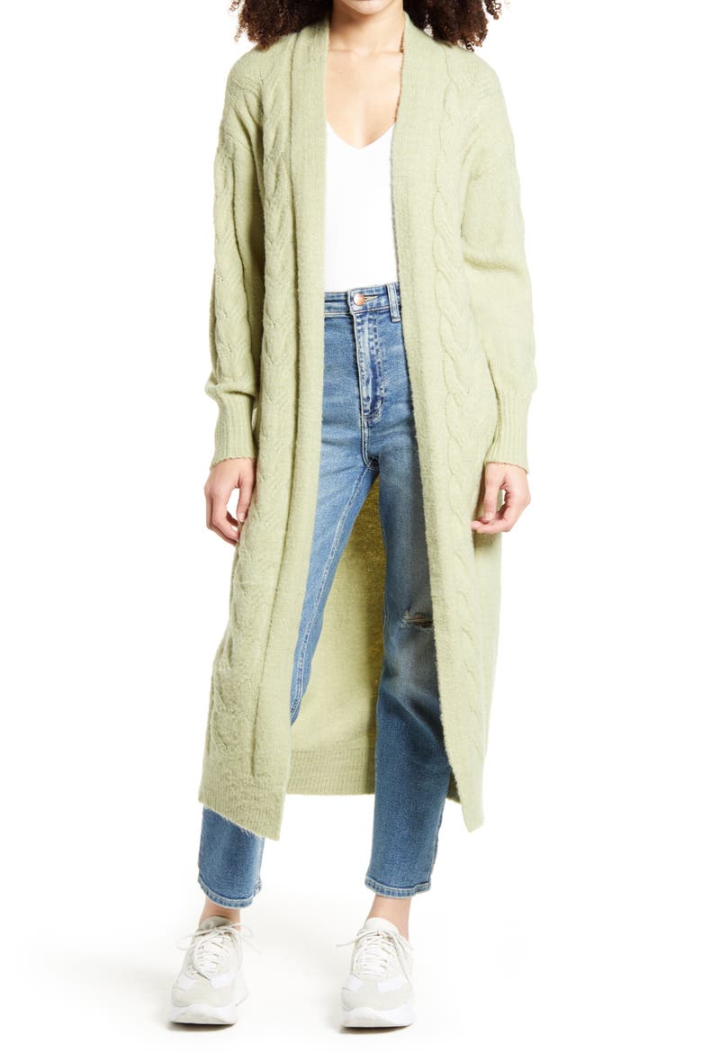 Cozy Cable Knit Longline Cardigan, Main, color, GREEN LOWLAND