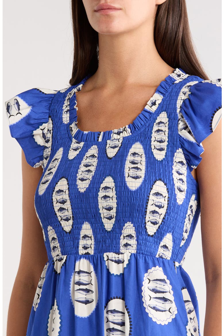 Sardine Sea Glare Smocked Midi Dress, Alternate, color, NAVY-CRM-BLK