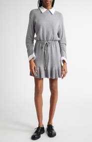 Cinq à Sept Imitation Pearl Necklace Detail Long Sleeve Layered Sweater Dress