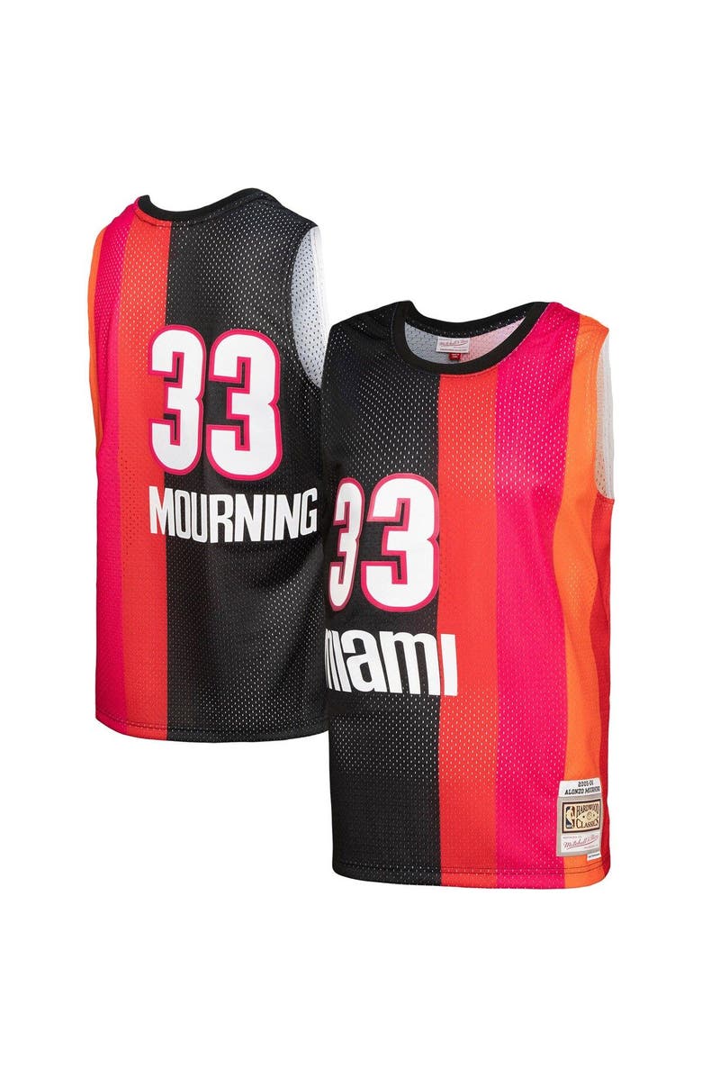 Mitchell & Ness Men's Mitchell & Ness Alonzo Mourning Black/Red Miami Heat Hardwood Classics 2005/06 Split Swingman Jersey, Main, color, 