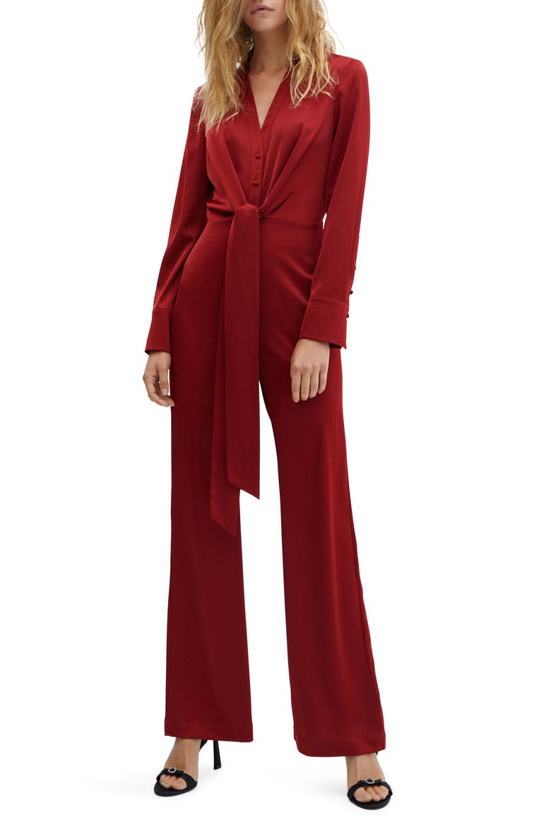 Wrap Waist V-Neck Long Sleeve Jumpsuit, Main, color, CHERRY