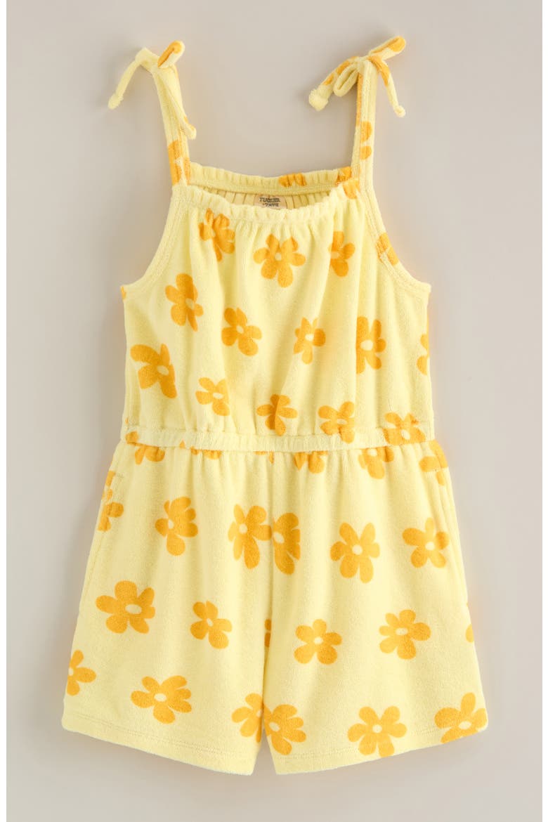 Kids' Bow Strap Cotton Terry Romper, Main, color, YELLOW CANDLE BOLD PLUMERIA