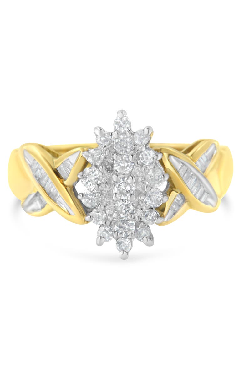 10K Two-Toned Round Baguette 1/2 Cttw Diamond Cluster Ring, Main, color, Yellow Gold