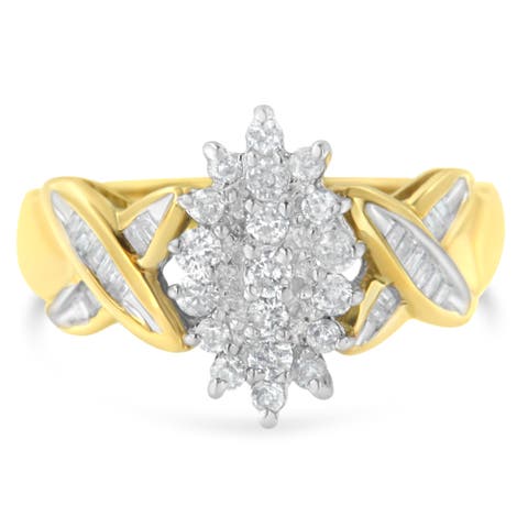 10K Two-Toned Round Baguette 1/2 Cttw Diamond Cluster Ring