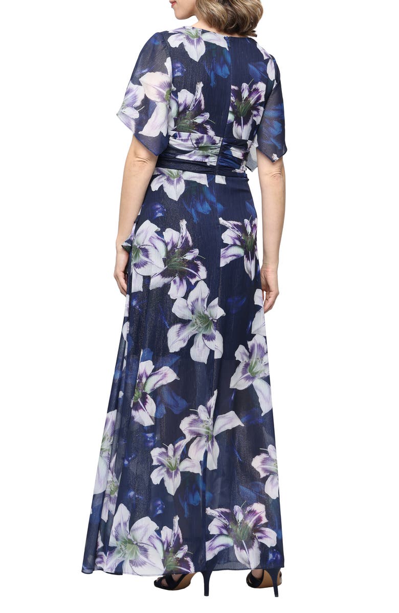 SL FASHIONS Metallic Floral Print Chiffon Dress, Alternate, color, Navy Multi