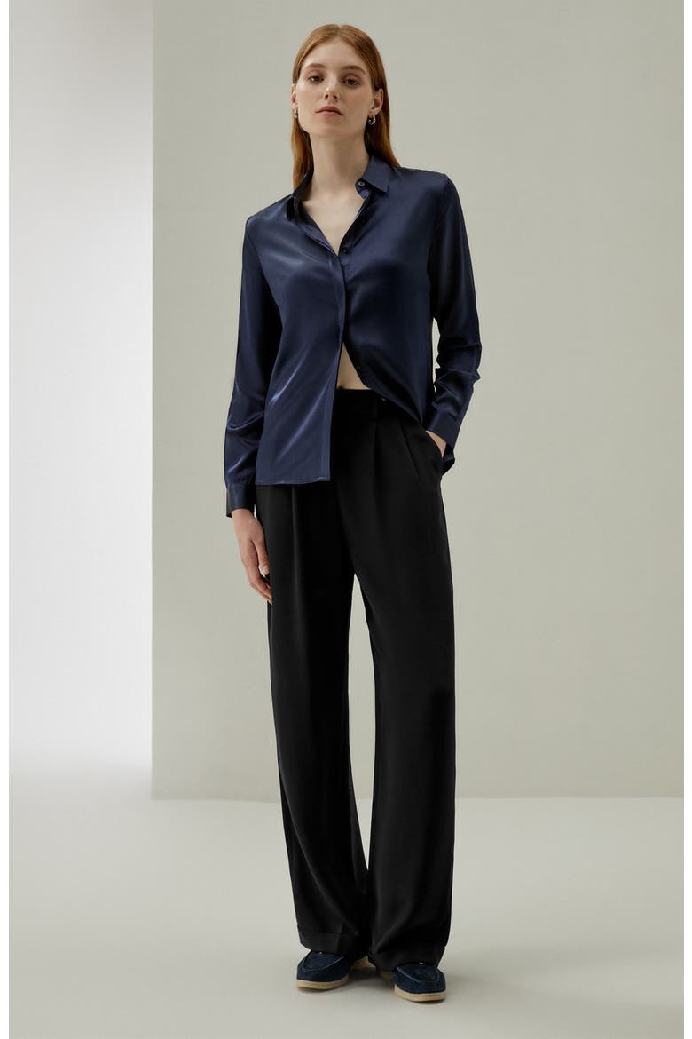 Women's Basic Concealed Placket Silk Shirt, Alternate, color, Navy blue
