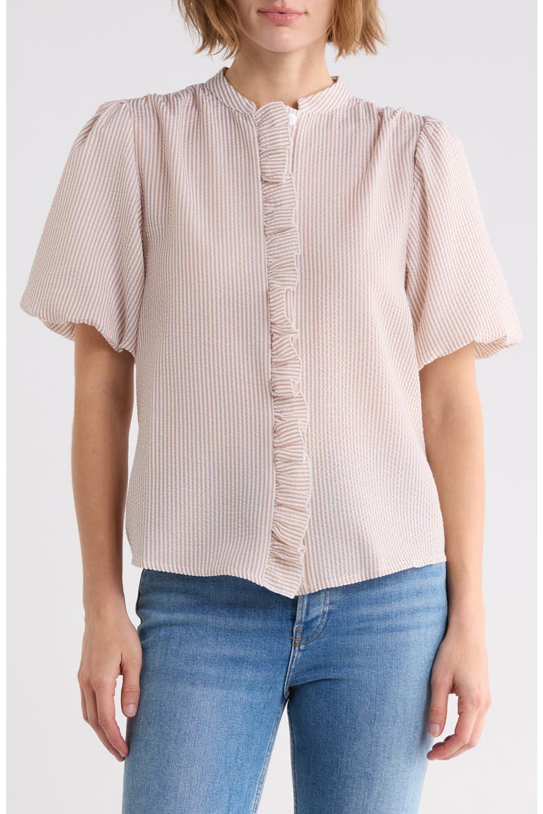 Striped Ruffle Bubble Sleeve Shirt, Main, color, TAUPE/ WHITE