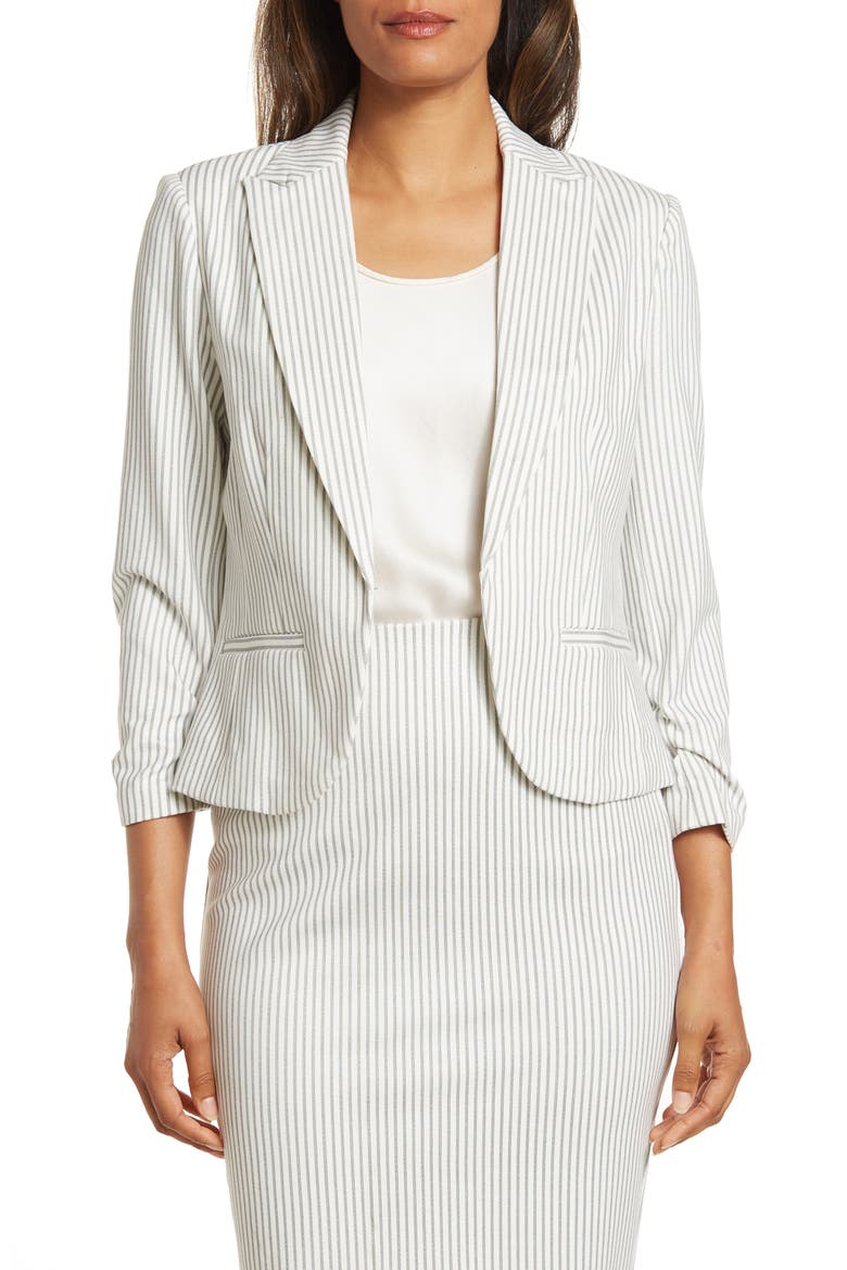 Amanda and Chelsea 3/4 Ruched Blazer, Main, color, GREY /WHITE
