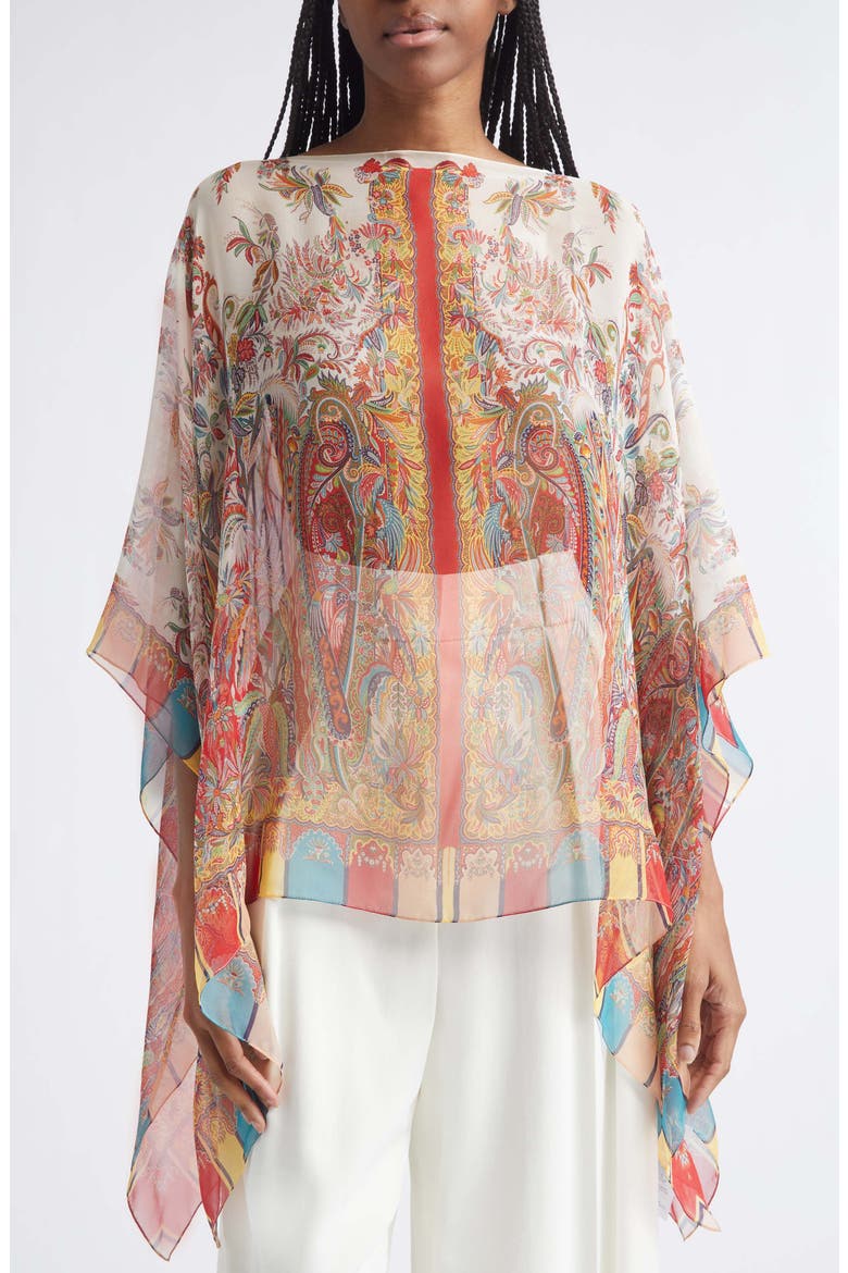 Paisley Print Silk Poncho, Main, color, PRINT ON WHITE BASE
